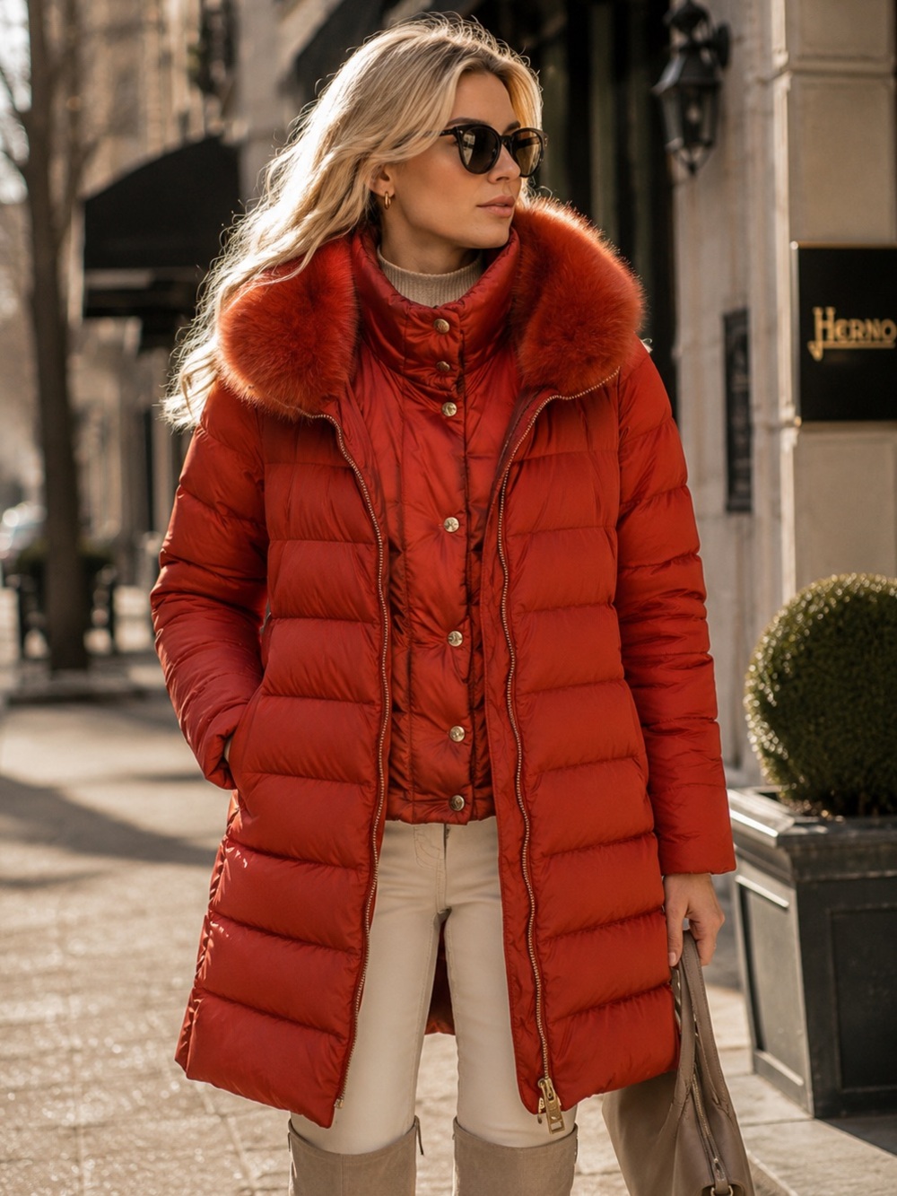Herno Rust Red Long Down Puffer Coat with Fur Collar